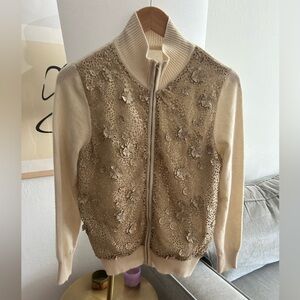 Beige Cashmere Floral Knit Preppy Winter Made In Italy Cardigan  L